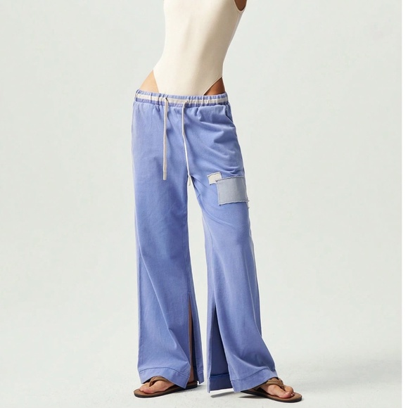 Periwinkle Blue Cotton Stretchy Waist Split Hem Lounge Pants - Picture 5 of 6